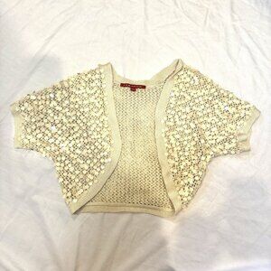 Y2K Cream Sequin Crochet Bolero Knit Open Sweater Cardigan Size Large